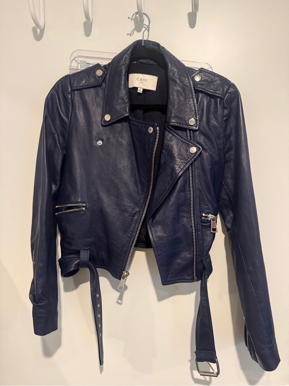 Cami NYC Navy Leather Moto Jacket with Silver Hardware